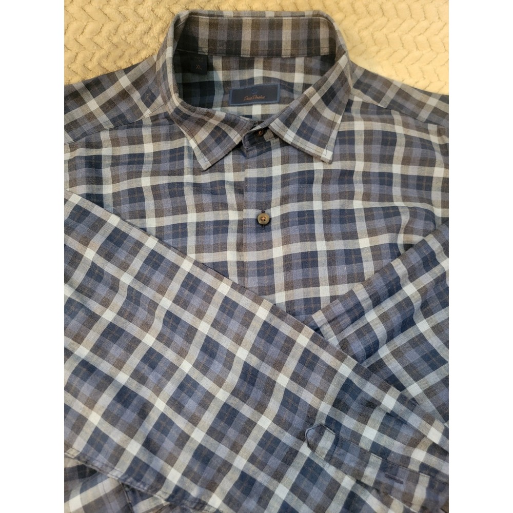 David Donahue Button Front Long Sleeve Dress Shirt Mens XL Dark/Light Blue Plaid